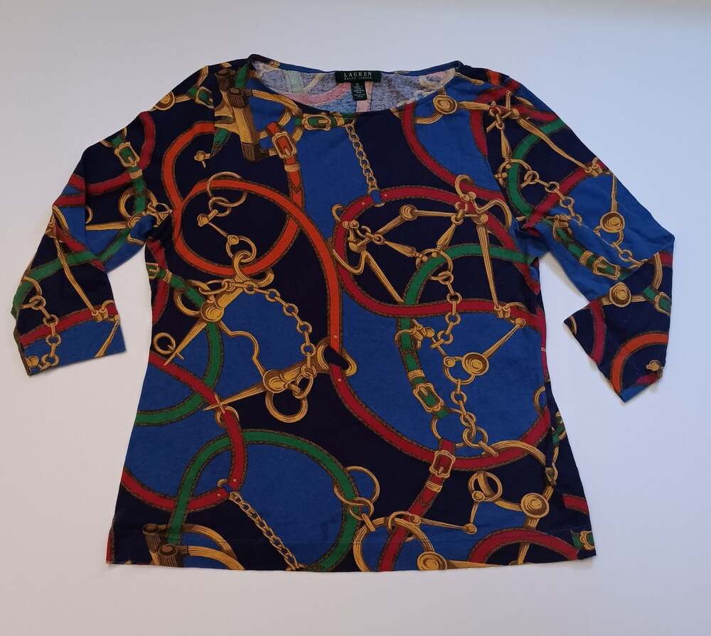 Lauren Ralph Lauren Women's XL Equestrian Chain Print Blouse Blue Red Green